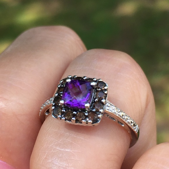10k Solid White Gold Amethyst & Smokey Quartz Ring - Picture 2 of 15